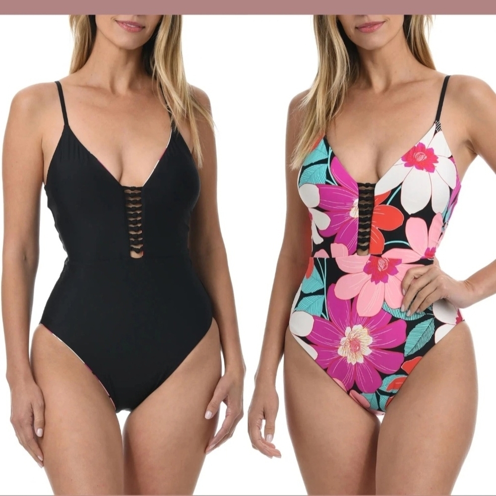 La Blanca-Swimwear, Women's Reversible Floral And Black 12
